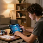 Player engaging in dash88 online gaming on tablet in a cozy home setting with strategy notes visible.