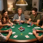 Participants enjoying a poker night at home with strategy notes and vibrant chips, highlighting nowgoal.