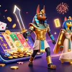 Engage with 98win's vibrant gambling scene featuring Anubis and Bastet in a dynamic casino atmosphere.