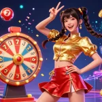 Engage with f168s in a vibrant casino setting, featuring a happy Asian woman and dynamic game elements promoting winning strategies.
