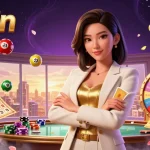 Experience thrilling moments with 33win as a powerful woman holds golden cards amidst dynamic gaming elements.