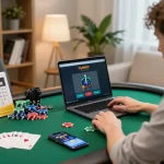 Engaged player strategizing a fly8800 poker game at home with vibrant gaming setup.
