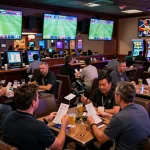 Fans celebrating resultsfootball outcomes while placing bets in a lively sports lounge.