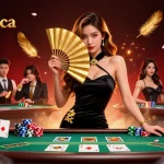 Play casino games at cloud-africa with a stunning Asian woman holding an ornate fan surrounded by poker elements.