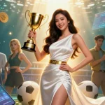 Win big at rr88 with a photorealistic Asian woman celebrating sports betting success amid vibrant casino elements.