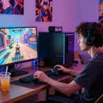 Engaging scene of adult gamer playing hentai games html in immersive gaming setup with vibrant colors and dynamic lighting.