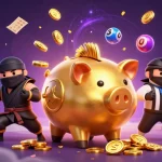 Experience thrilling gameplay at VSWIN with a colorful casino scene featuring a golden piggy bank sumo wrestler.