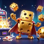 Experience exciting games at vmax with a golden dice golem and slot machines in vibrant action.