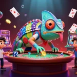 Engage with ALO8 LINK to experience a vibrant casino scene, where a colorful chameleon captures golden coins.