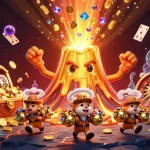 Experience the excitement of credit card casinos with treasures erupting and playful characters in a vibrant scene.