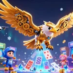 sv88 captures the excitement of online gaming with a golden eagle flying through holographic cards