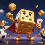 Engage in thrilling action with link okwin's dynamic gambling scene featuring golden dice and sports elements.