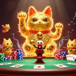Engaging scene showcasing credit card casinos UK with a giant lucky cat and poker elements.