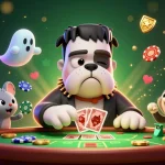 Engage with S8's whimsical casino scene featuring a Frankenstein bulldog dealing cards surrounded by colorful gaming elements.