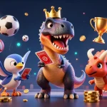 Get ready to win big with xx88 as a T-Rex shuffles cards energetically with a baby triceratops stacking golden chips!