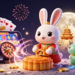 Experience thrilling gaming with VIPWIN, showcasing a dynamic scene of lucky moon rabbits, slot games, and golden chips.