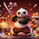 Engage with sunwin's vibrant games featuring a fierce samurai panda and ninja fox in a lively casino scene.