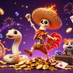 Experience win at 789 CLUB with a lively victory dance on golden coins amidst casino fun.